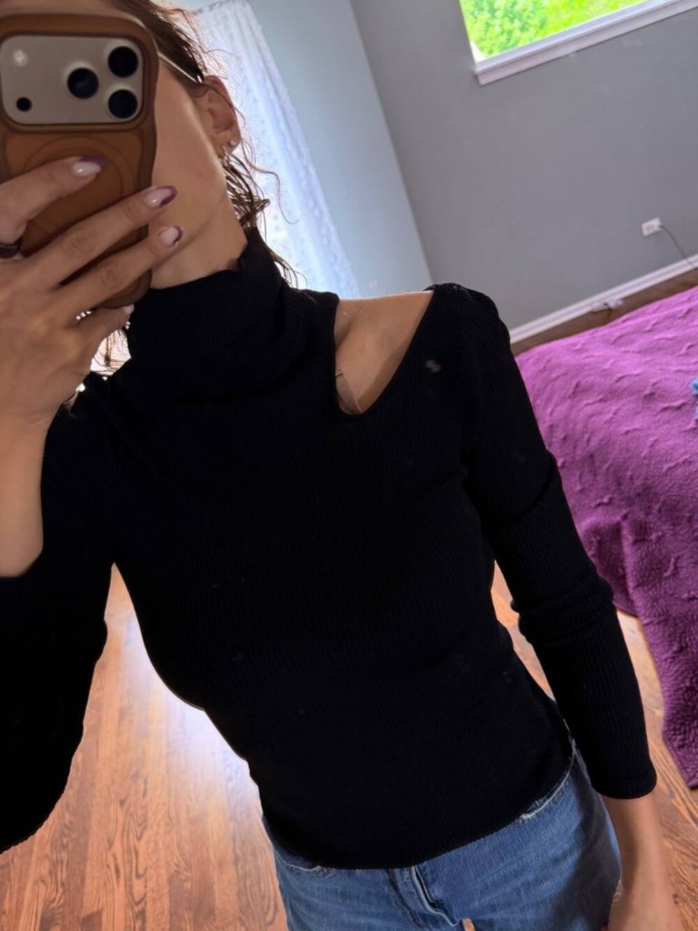 LEA & VIOLA Black Ribbed Cold Shoulder Turtleneck Sweater